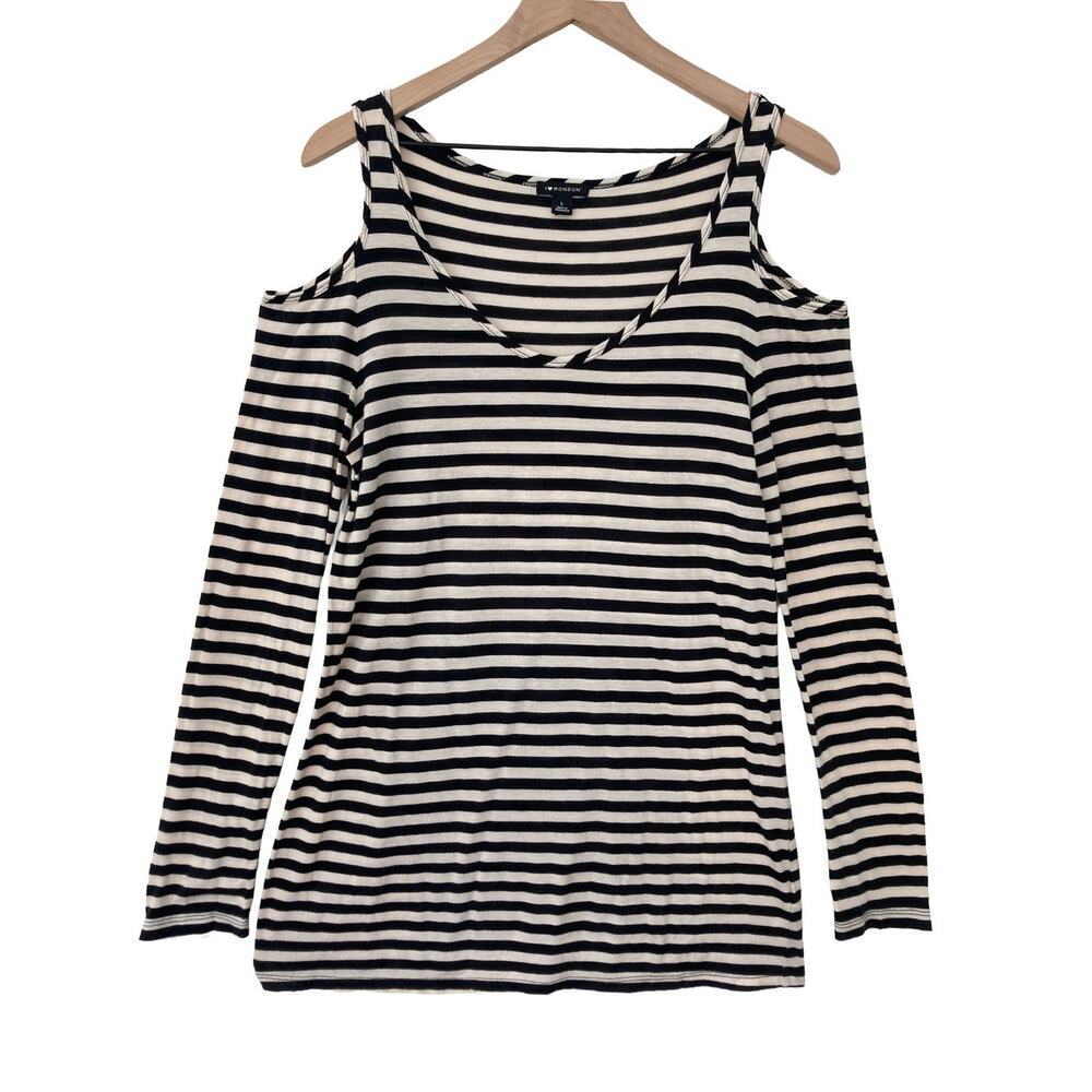 I Heart Ronson Boho Chic Classic Black Ivory Striped Cold Shoulder T-Shirt Top L